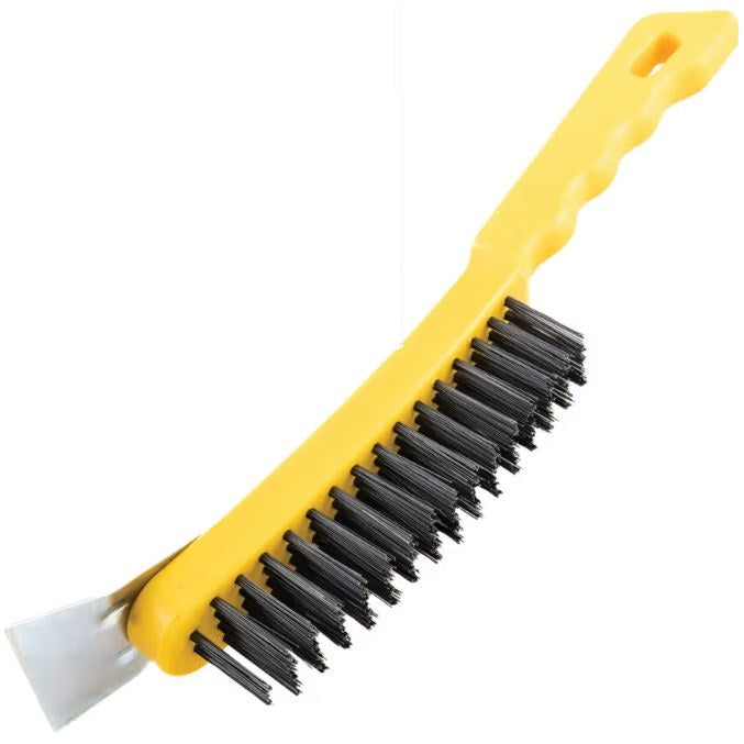 Blackspur 4 Row Wire Brush with Metal Scraper Yellow and Black WB144 | Heavy Duty Steel Bristles | Rust Paint and Grime Removal Tool