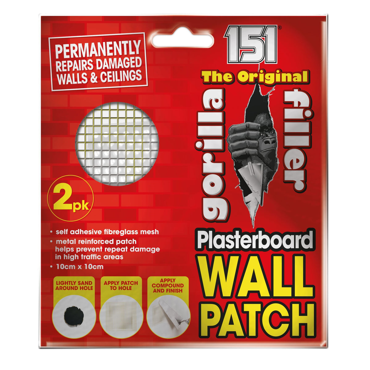 151 Gorilla Filler Plasterboard Wall Patch 10cm x 10cm Pack of 2 GF201 | Self Adhesive Fibreglass Mesh | Metal Reinforced Patch helps Prevent Repeat Damage in High Traffic Areas | Permanently Repairs Damaged Walls and Ceilings