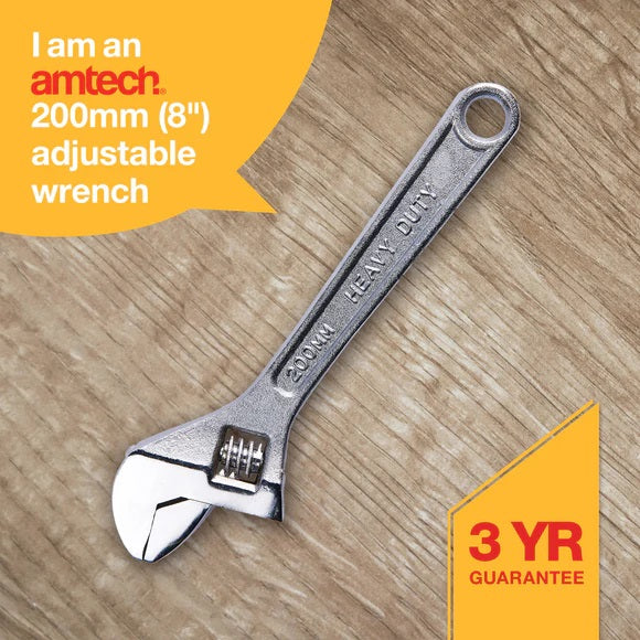 Amtech Heavy Duty Adjustable Wrench With Jaw Opening Chrome 200mm C1900 | Drop-Forged Carbon Steel | Heat Treated Steel | 24mm Jaw Opening