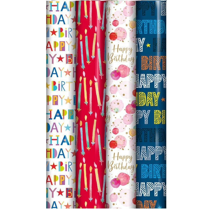 Eurowrap Happy Birthday Gift Wrap Roll Multicoloured 3Mtr Pack of 1 29001-GWC | Colourful Birthday Wrapping Paper | Assorted Designs
