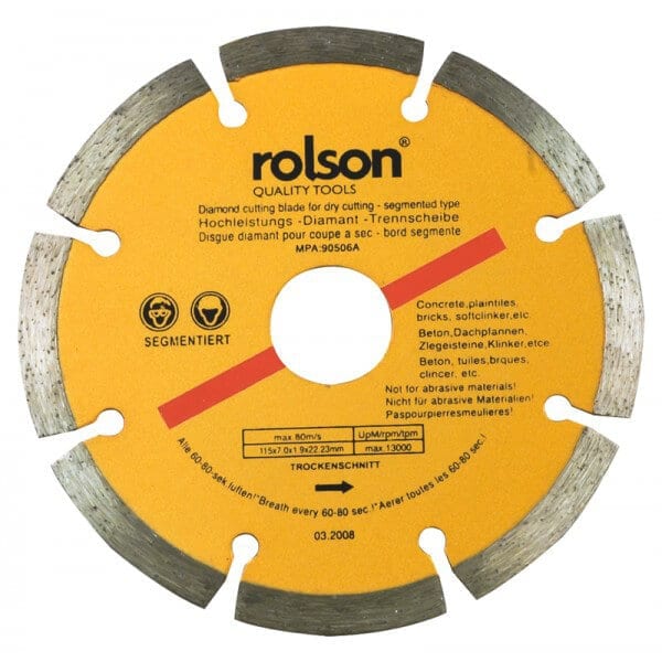 Rolson Segmented Diamond Cutting Blade Yellow 115mm 24394 | Diamond Disc for Concrete Brick Stone Tiles