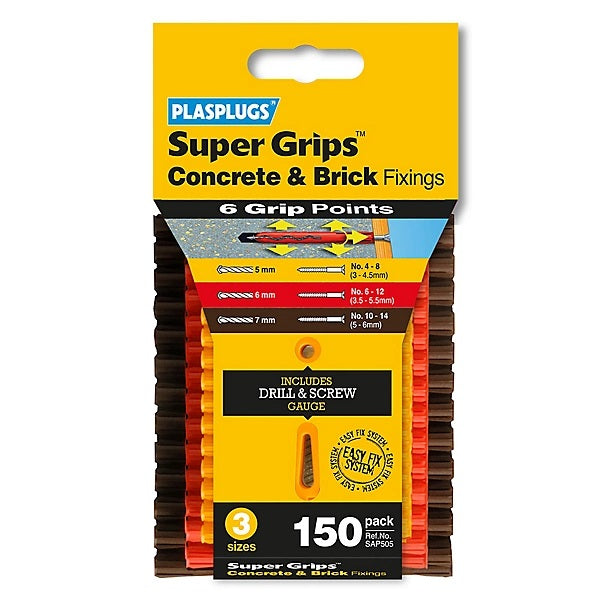 Plasplugs Super Grips Concrete and Brick Fixings Assorted Pack of 150 SAP505CC | 3 Sizes Wall Plugs | 5mm-6mm-7mm | Includes Drill and Screw Gauge | Easy Fix System