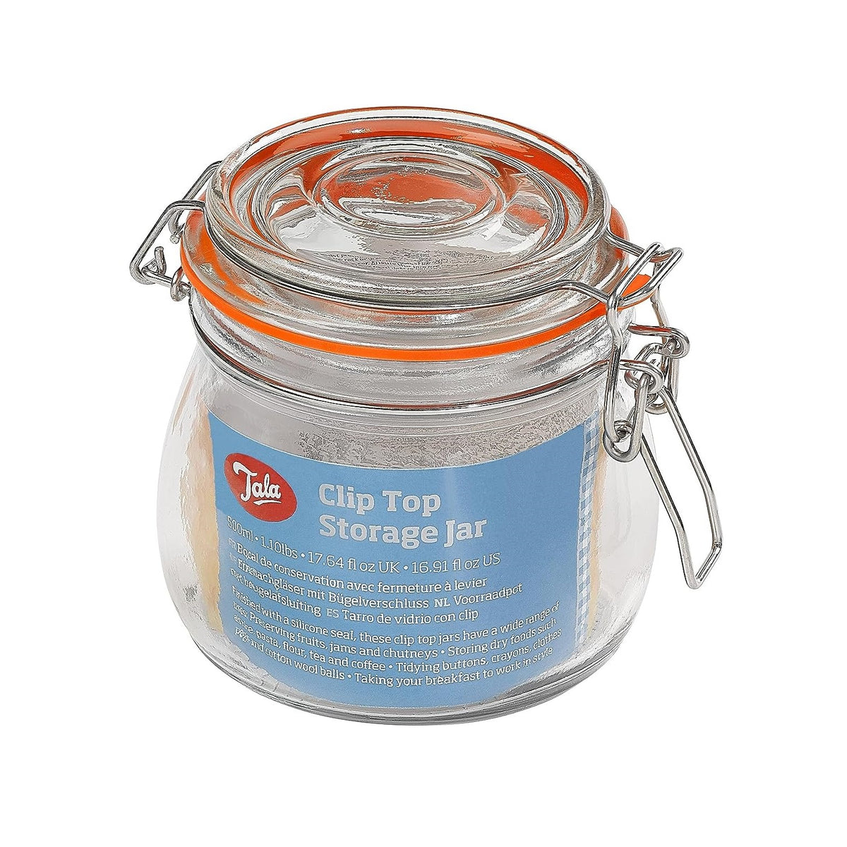 Tala Clip Top Glass Storage Jar Clear 500ml 16.61cm x 13.59cm x 13.59cm 10A12838 | Airtight Kitchen Canister | With Silicone Seal and Swing Lock Lid | For Coffee-Sugar-Pasta and Preserves