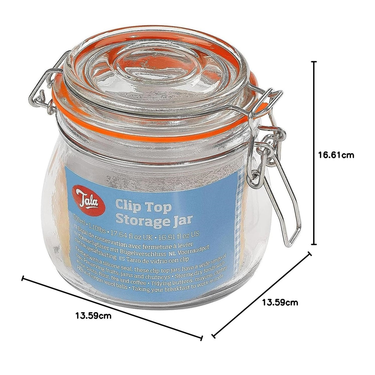 Tala Clip Top Glass Storage Jar Clear 500ml 16.61cm x 13.59cm x 13.59cm 10A12838 | Airtight Kitchen Canister | With Silicone Seal and Swing Lock Lid | For Coffee-Sugar-Pasta and Preserves