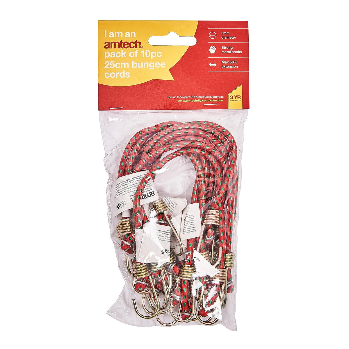 Amtech Mini Bungee Cords with Strong Metal Hooks Red and Green 25cm Pack of 10 S0647 | Heavy Duty Elastic Cords | 5mm Diameter | Max 50 Percent Extension | Ideal for DIY-Camping and Securing Loads