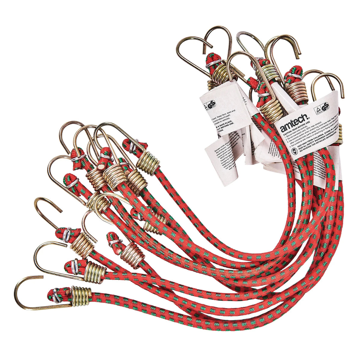 Amtech Mini Bungee Cords with Strong Metal Hooks Red and Green 25cm Pack of 10 S0647 | Heavy Duty Elastic Cords | 5mm Diameter | Max 50 Percent Extension | Ideal for DIY-Camping and Securing Loads