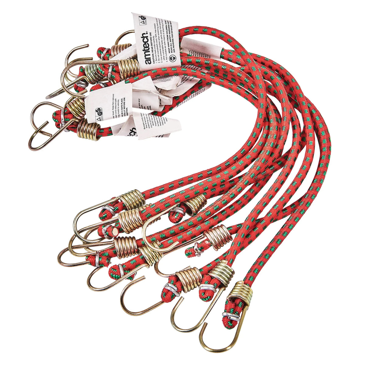 Amtech Mini Bungee Cords with Strong Metal Hooks Red and Green 25cm Pack of 10 S0647 | Heavy Duty Elastic Cords | 5mm Diameter | Max 50 Percent Extension | Ideal for DIY-Camping and Securing Loads