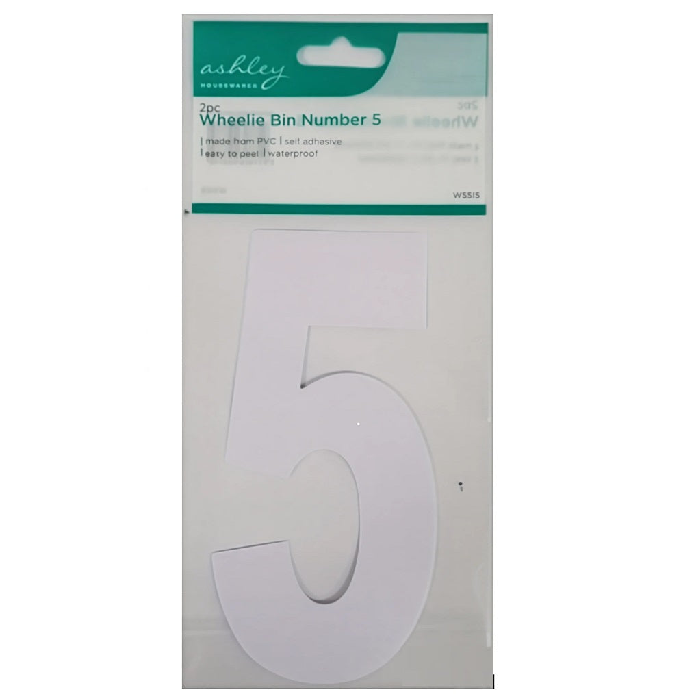 Ashley Housewares Self Adhesive Wheelie Bin Number 5 White Pack of 2 WS515 | Made From PVC | Easy to Peel | Waterproof