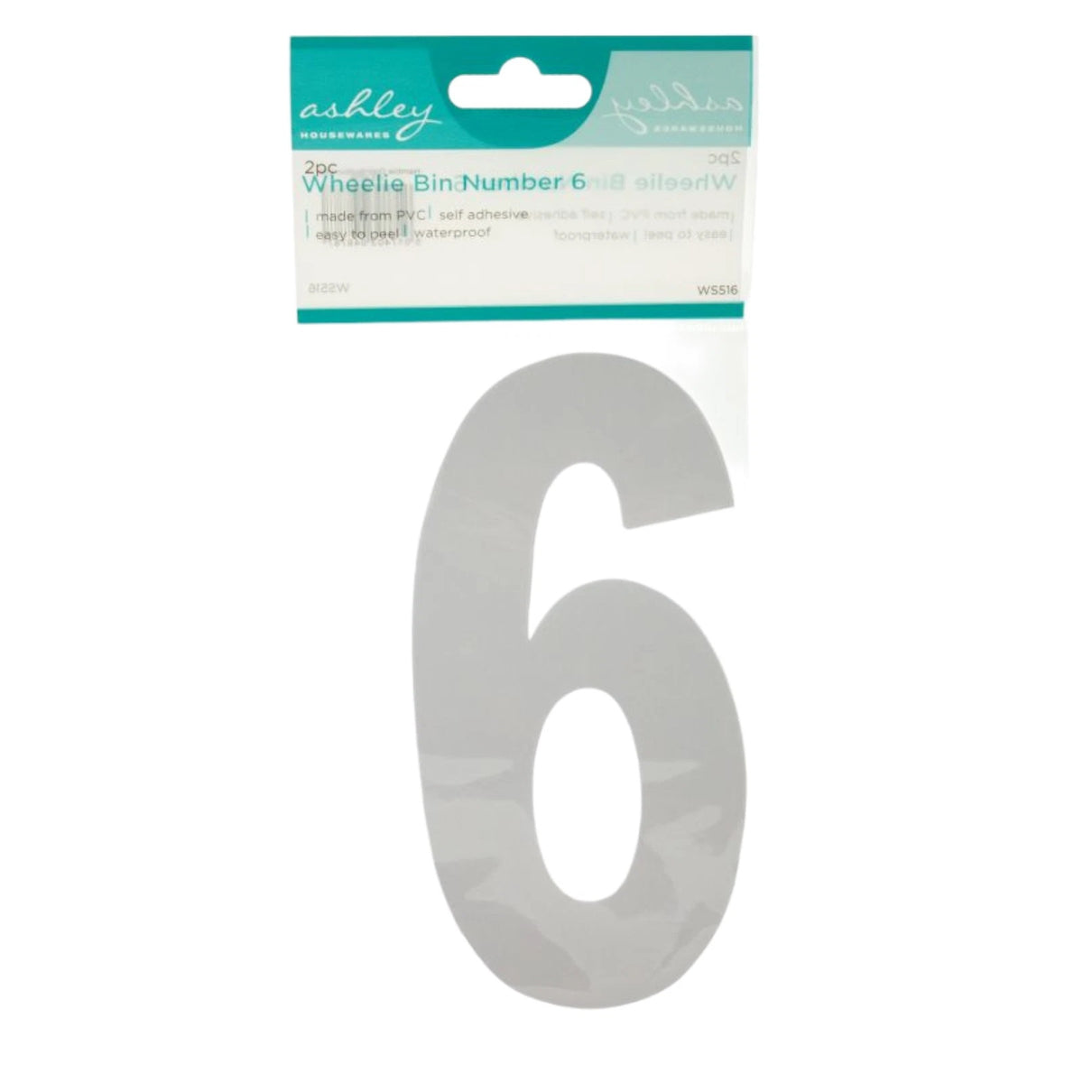 Ashley Housewares Self Adhesive Wheelie Bin Number 6 White Pack of 2 WS516 | Made From PVC | Easy to Peel | Waterproof