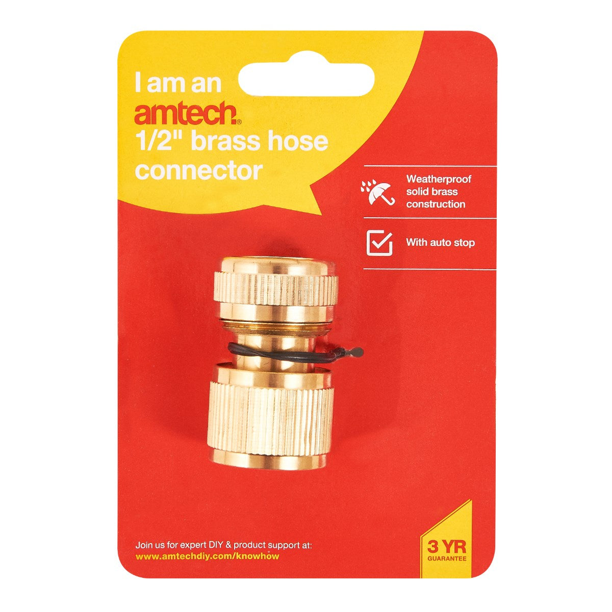 Amtech Hose Connector Brass Plated 1-2-Inch U2517 | Weatherproof Solid Brass Construction | With Auto Stop