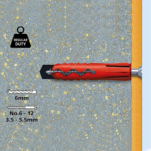 Plasplugs Regular Duty Super Grips Wall Plugs Red 6mm Pack of 100 SRP502CC | Masonry Fixings for Concrete-Brick and Stone