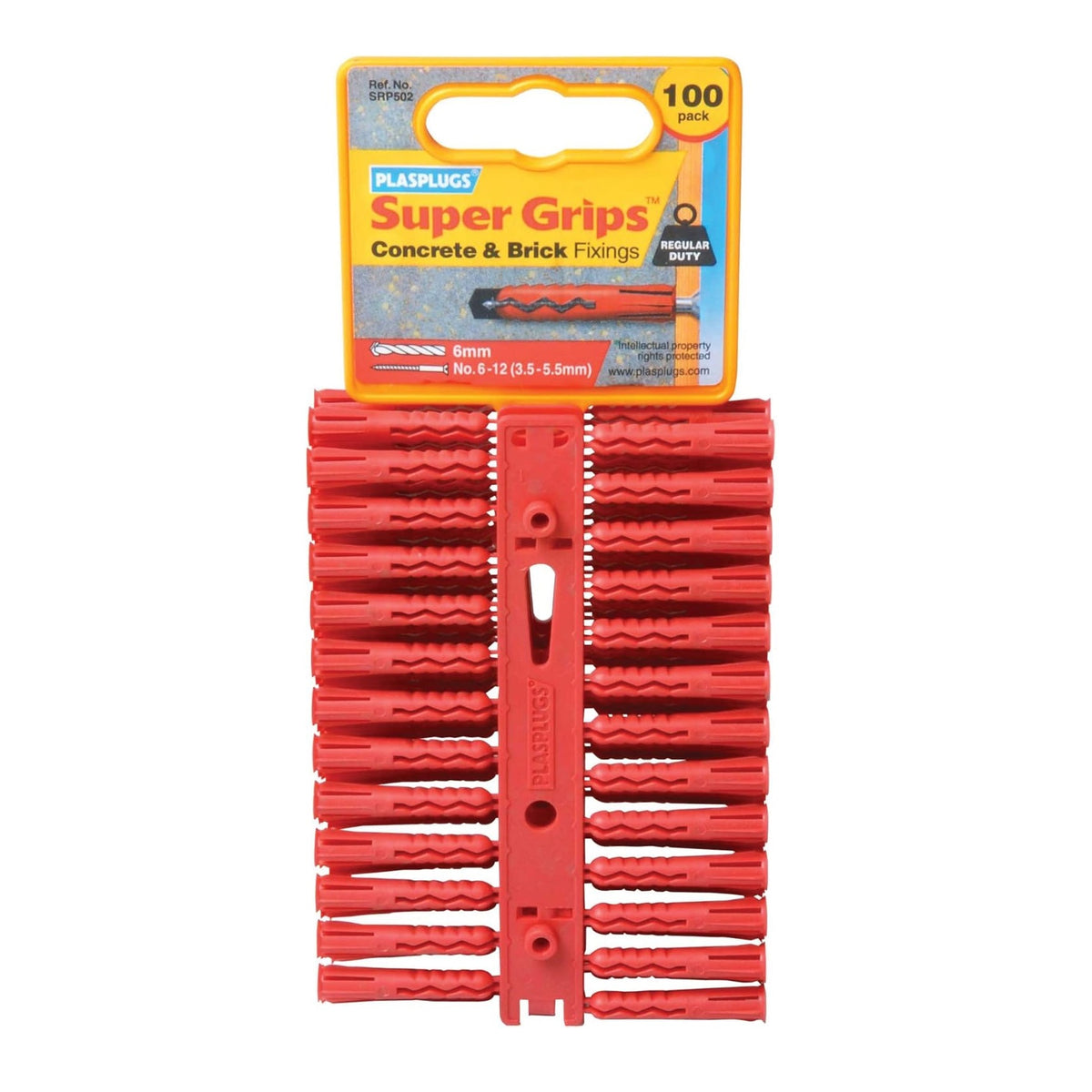 Plasplugs Regular Duty Super Grips Wall Plugs Red 6mm Pack of 100 SRP502CC | Masonry Fixings for Concrete-Brick and Stone