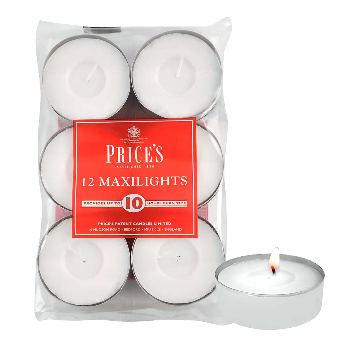 Prices Maxi Lights Candle Set White H2cm x D6cm Pack of 12 TEM121228 | Up to 10 Hours Burn Time