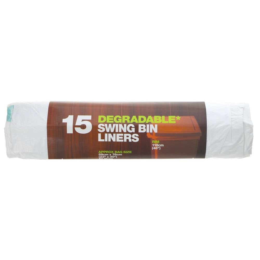 Degradable Swing Bin Liners White 59cm x 76cm Pack of 15 10803 | Heavy Duty Trash Bags | Rim-118cm | Garbage Bags for Kitchen and Office Bins | Strong and Leak Resistant Bins
