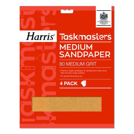Harris Taskmasters Medium Sandpaper 80 Grit Brown Pack of 4 102064319 | For Wood and General Decorating | For Decorating and Surface Finishing