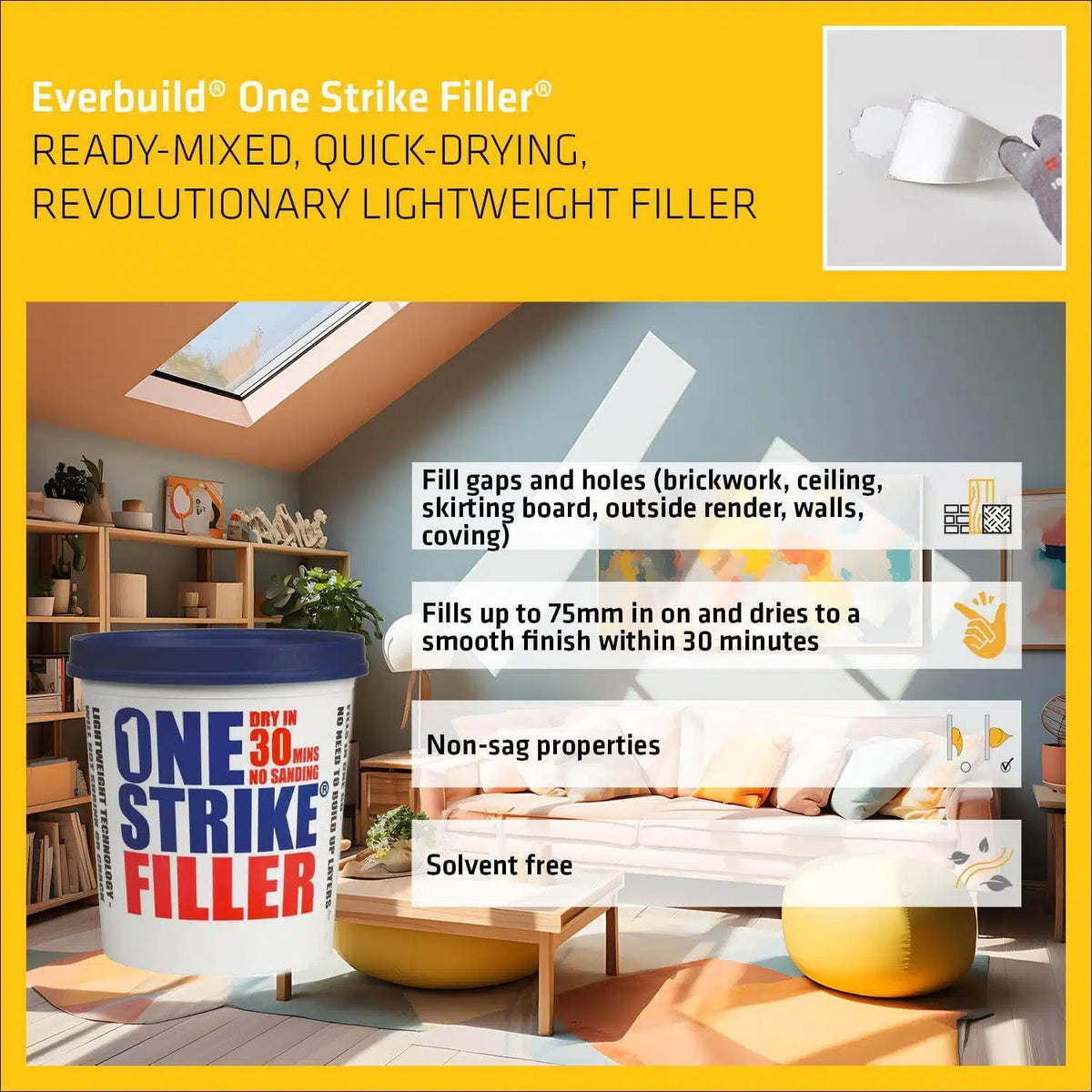 Everbuild One Strike Ready Mixed Wall Filler White 1Ltr 461916 | Quick Drying in 30 Minutes | No Sanding Required | High Build Interior Repair Compound | For Cracks and Holes-White Tub | Wall Repair Putty | Decorating Filler | Plaster Repair Filler