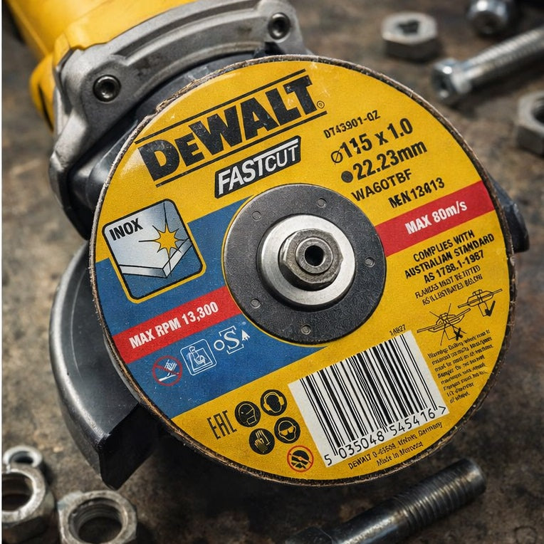 Dewalt Fastcut Metal Cutting Disc Yellow 115mm x 1mm DT43901-QZ | 22.23mm Bore | INOX Stainless Steel | 13300 RPM | EN12413 Certified | Angle Grinder Wheel | Steel Cutting Disc | Abrasive Metal Disc