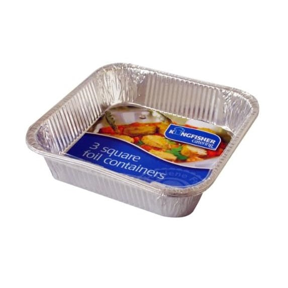 Kingfisher Square Aluminium Foil Containers Chrome Finish Pack of 3 KCF13 | Disposable Food Trays | Oven Safe | Catering Takeaway Tins | For Baking-Roasting and Meal Prep