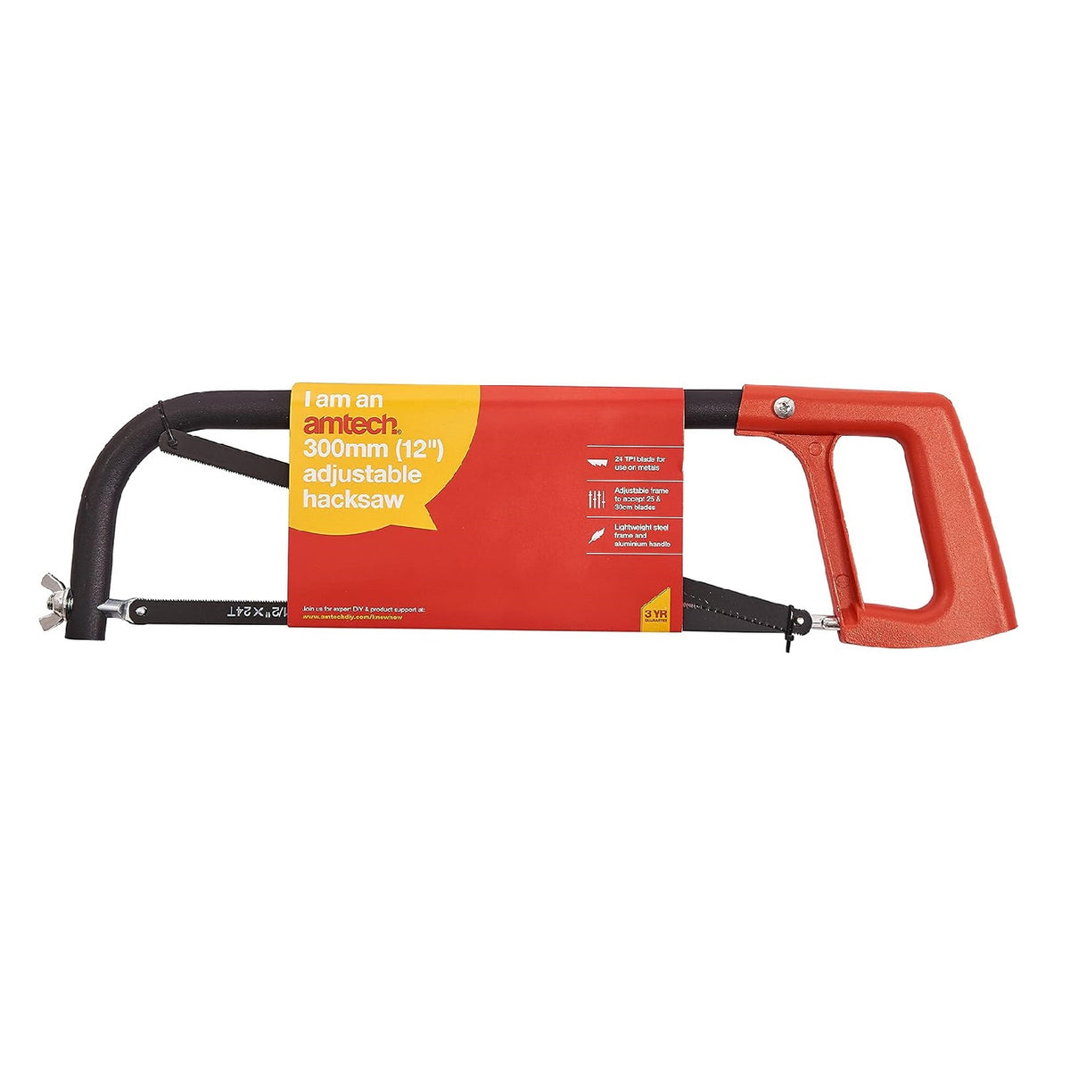 Amtech Adjustable Hacksaw Black and Red 12-Inch M0700 | 24 TPI Blade for Use on Metals | Adjustable Frame to Accept 25cm and 30cm Blades | Lightweight Steel Frame and Aluminium Handle