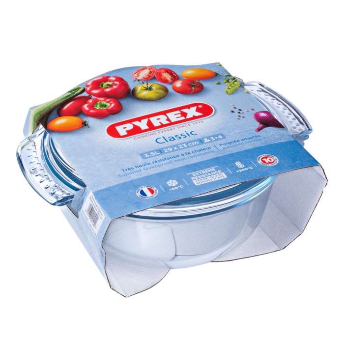 Pyrex Classic Round Glass Roasting Dish with Lid Clear 3.5Ltr 35cm x 23cm 112A000 | Oven Safe Borosilicate | Heat Resistant Casserole Dish