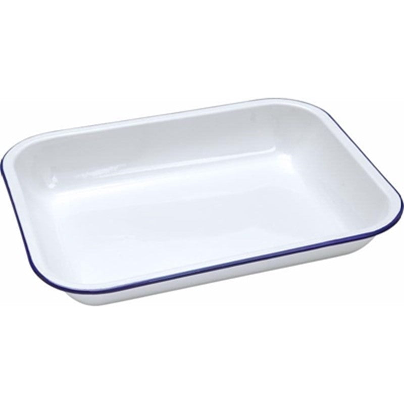 Falcon Enamel Roasting Tray with Blue Rim White 28cm x 23cm 61028 | Durable Oven Baking Pan | For Roasting Meat-Vegetables and Lasagne | Kitchen Cookware
