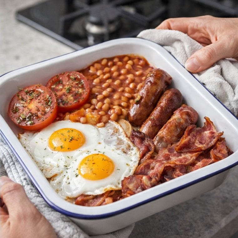 Falcon Enamel Roasting Tray with Blue Rim White 28cm x 23cm 61028 | Durable Oven Baking Pan | For Roasting Meat-Vegetables and Lasagne | Kitchen Cookware