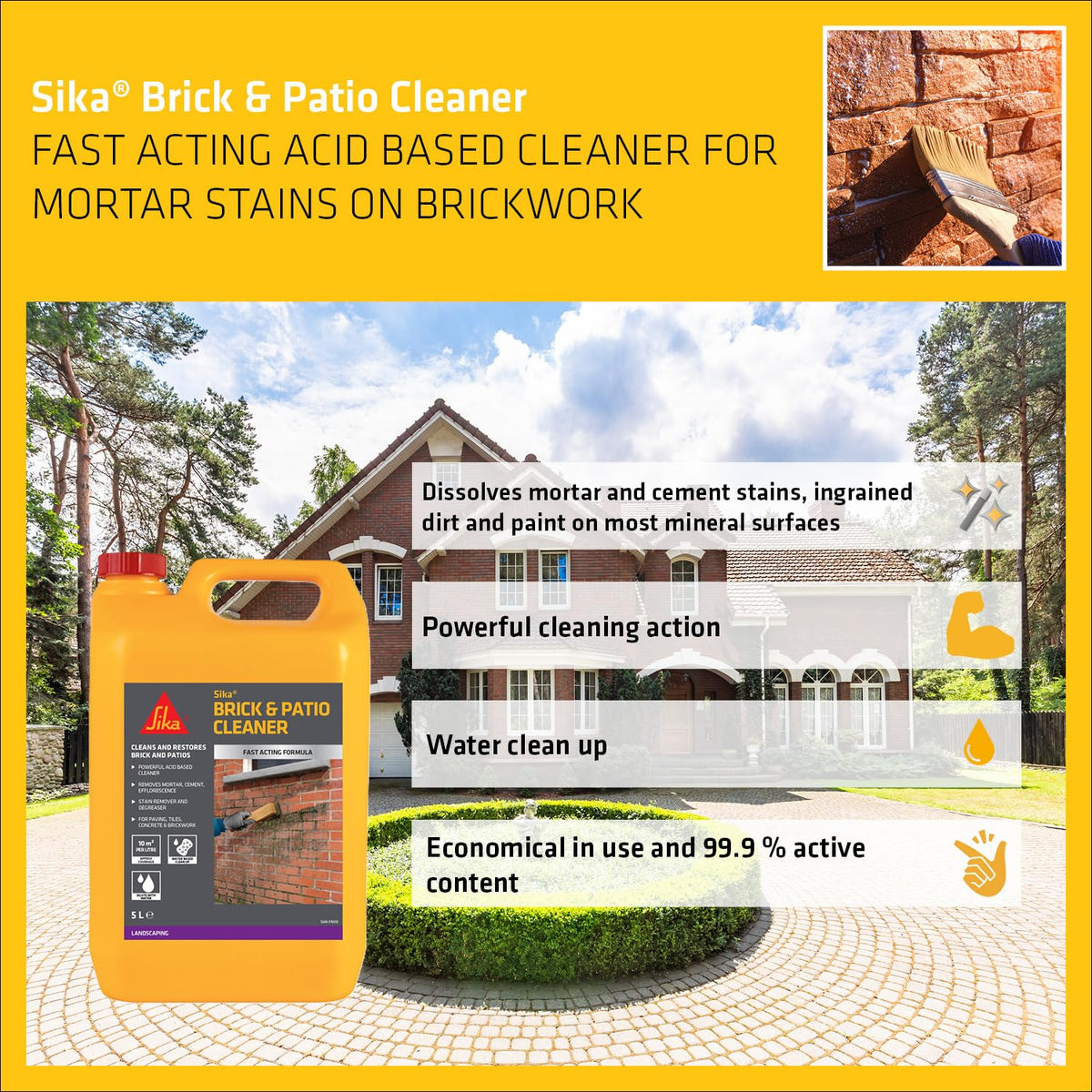 Sika Brick and Patio Cleaner Clear 5Ltr 102476 | Fast Acting Formula | Cleans and Restores Brick and Patios | Powerful Acid Based Cleaner | Removes Mortar-Cement-Efflorescence | Stain Remover and Degreaser | For Paving-Tiles Concrete and Brickwork | 10