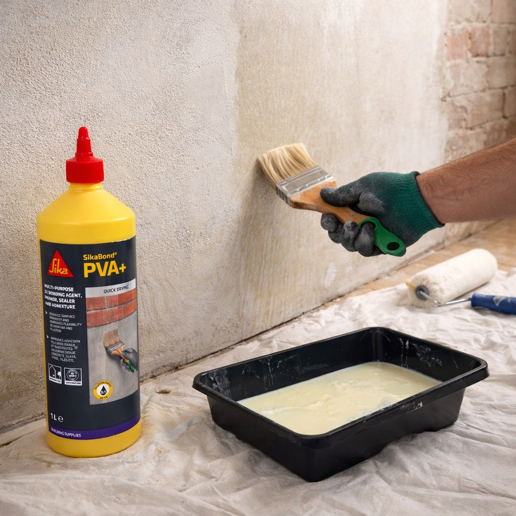 Sika Bond PVA Plus White 1Ltr 446005 | Quick Drying | Multi-purpose D2 Bonding Agent-Primer-Sealer and Admixture | Reduces Surface Porosity and Improves Flexibility of Mortar and Plaster | Improves Adhesion to a Wide Range of Substrates Including Dense Concrete-Glass-Steel-Tiles Etc | Interior Use | Conforms to BS5270-1 1989 Certification | Dilution Rates upto 5 ratio 1