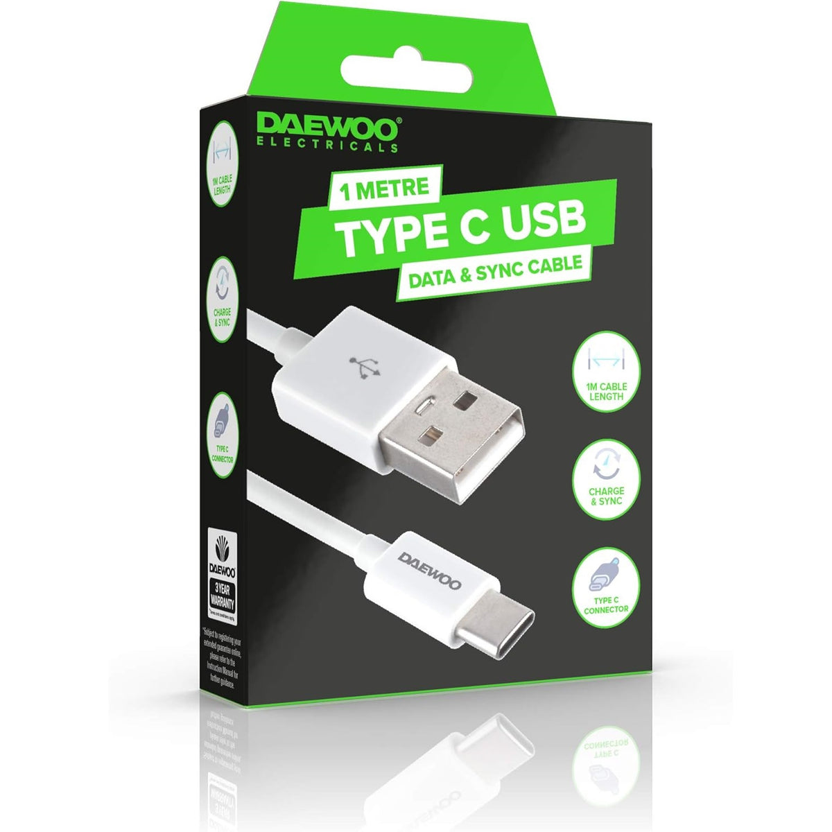Daewoo USB Type-C Data and Sync Cable White 1Mtr ELA1346 | Fast Charging | Charge and Sync Lead | Type C Connector | Power - 5V | Rated 1A | Compatible with Type-C Devices