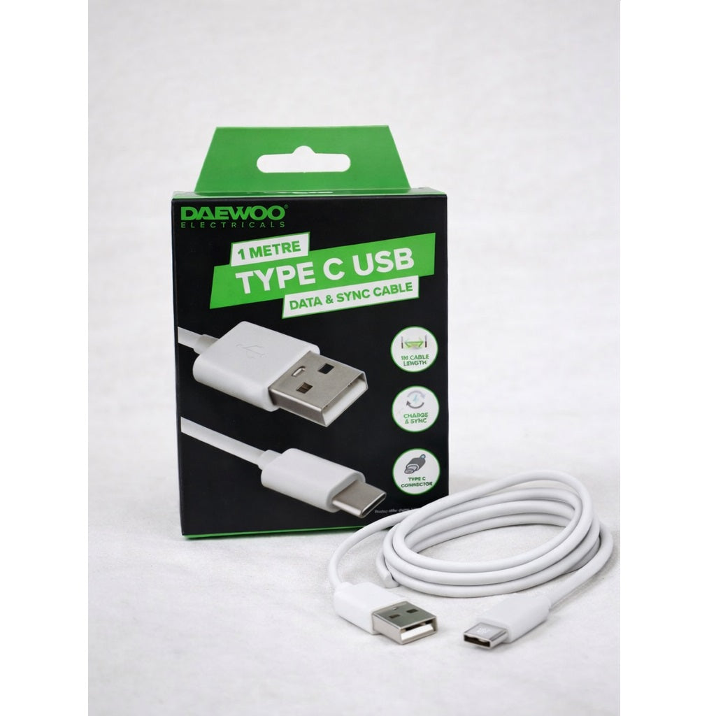 Daewoo USB Type-C Data and Sync Cable White 1Mtr ELA1346 | Fast Charging | Charge and Sync Lead | Type C Connector | Power - 5V | Rated 1A | Compatible with Type-C Devices