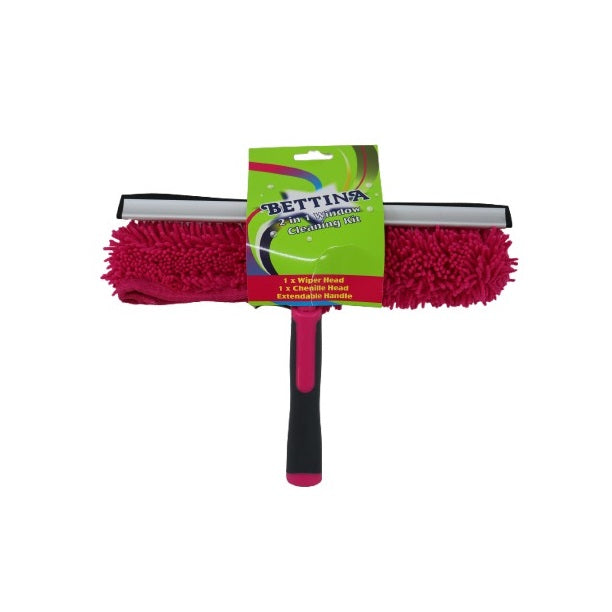Bettina 2 in 1 Window Cleaning Kit Pink B508 | 1 x Wiper Head | 1 x Chenille Head | Extebdable Handle | Streak Free Shine | Keeps Window Clean and Clear | Window Cleaning Tool | Glass Care Cleaning Set