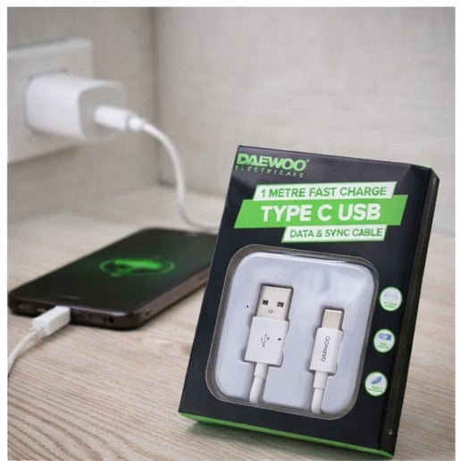 Daewoo USB Type-C Data and Sync Fast Charge Cable White 1Mtr ELA1343 | Fast Charging | Charge and Sync Lead | Type C Connector | Power - 5V | Rated 2.1A | Compatible with Type-C Devices