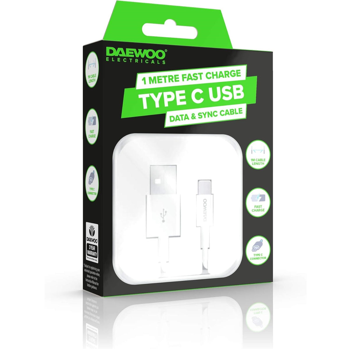 Daewoo USB Type-C Data and Sync Fast Charge Cable White 1Mtr ELA1343 | Fast Charging | Charge and Sync Lead | Type C Connector | Power - 5V | Rated 2.1A | Compatible with Type-C Devices