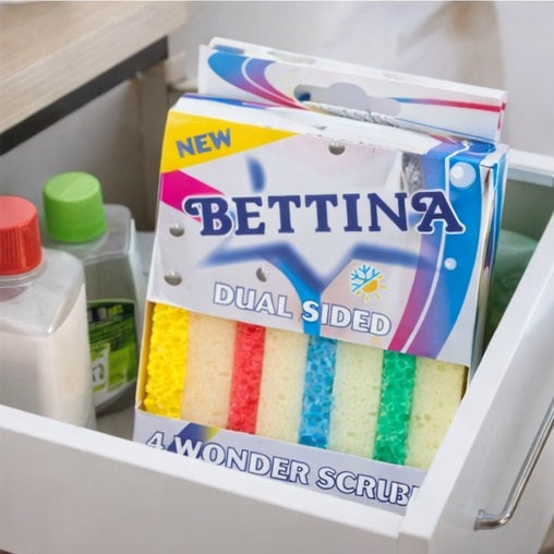 Bettina Dual Sided Wonder Scrub Sponges Assorted Colours Pack of 4 B507 | One Side for Scrubbing | One Side for Wiping | Soft in Warm Water and Firm in Cold | Odor Resistant | Non- Scratch Material | Remove Stubborn Residue | Use on Multiple Surfaces