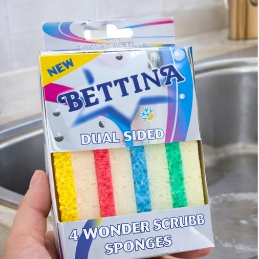 Bettina Dual Sided Wonder Scrub Sponges Assorted Colours Pack of 4 B507 | One Side for Scrubbing | One Side for Wiping | Soft in Warm Water and Firm in Cold | Odor Resistant | Non- Scratch Material | Remove Stubborn Residue | Use on Multiple Surfaces