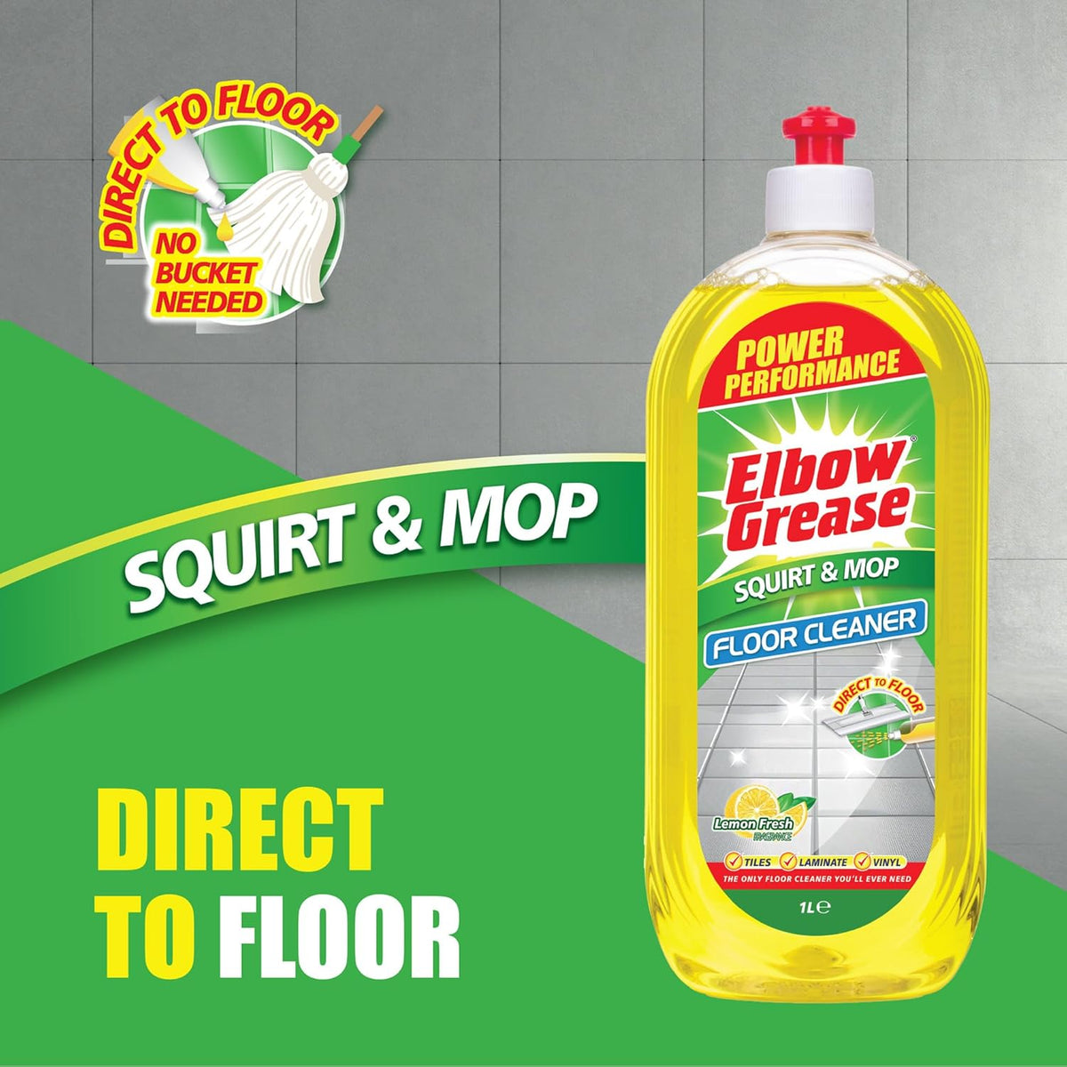151 Elbow Grease Lemon Fresh Squirt and Mop Floor Cleaner Yellow 1Ltr EG282 | Power Performance | Direct To Floor Cleaning Solution | Suitable for Tiles-Laminate and Vinyl | Multi-Surface Cleaner