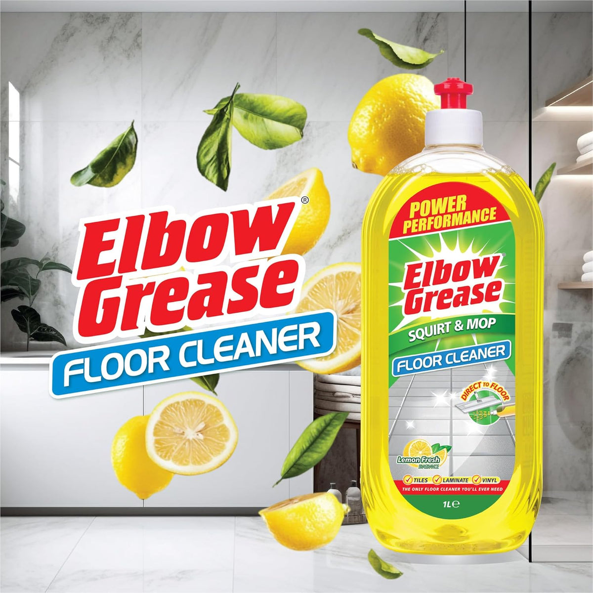 151 Elbow Grease Lemon Fresh Squirt and Mop Floor Cleaner Yellow 1Ltr EG282 | Power Performance | Direct To Floor Cleaning Solution | Suitable for Tiles-Laminate and Vinyl | Multi-Surface Cleaner