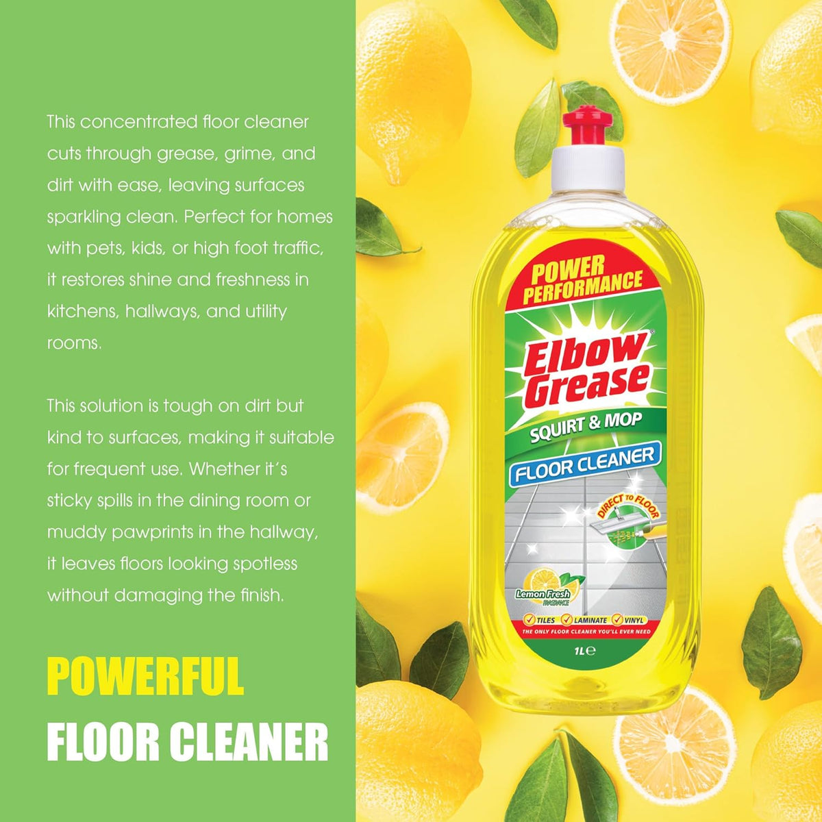 151 Elbow Grease Lemon Fresh Squirt and Mop Floor Cleaner Yellow 1Ltr EG282 | Power Performance | Direct To Floor Cleaning Solution | Suitable for Tiles-Laminate and Vinyl | Multi-Surface Cleaner