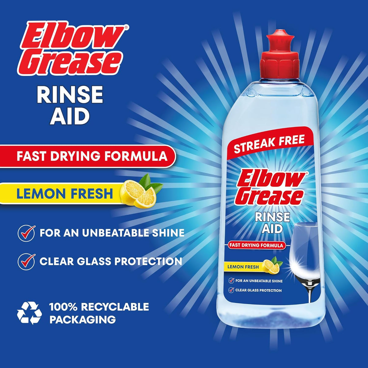 151 Elbow Grease Streak Free Lemon Fresh Rinse Aid Blue 500ml EG347 | For Unbeatable Shine | Clear Glass Protection | Fast Drying Formula | Prevent Water Mark