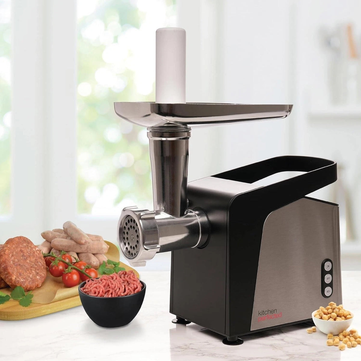 KitchenPerfected Meat Grinder and Sausage Processor Silver and Black E5693 | 1400W Copper Motor | 4x Sausage Tubes | 3x Cutting Discs