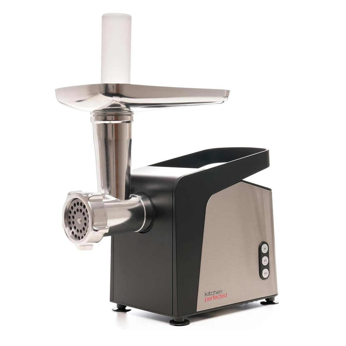 KitchenPerfected Meat Grinder and Sausage Processor Silver and Black E5693 | 1400W Copper Motor | 4x Sausage Tubes | 3x Cutting Discs