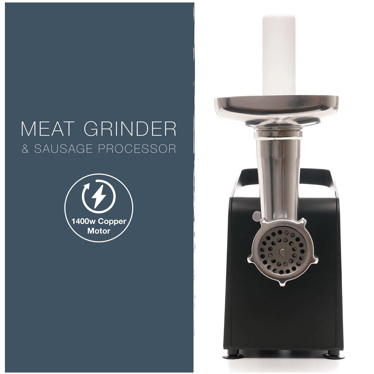 KitchenPerfected Meat Grinder and Sausage Processor Silver and Black E5693 | 1400W Copper Motor | 4x Sausage Tubes | 3x Cutting Discs