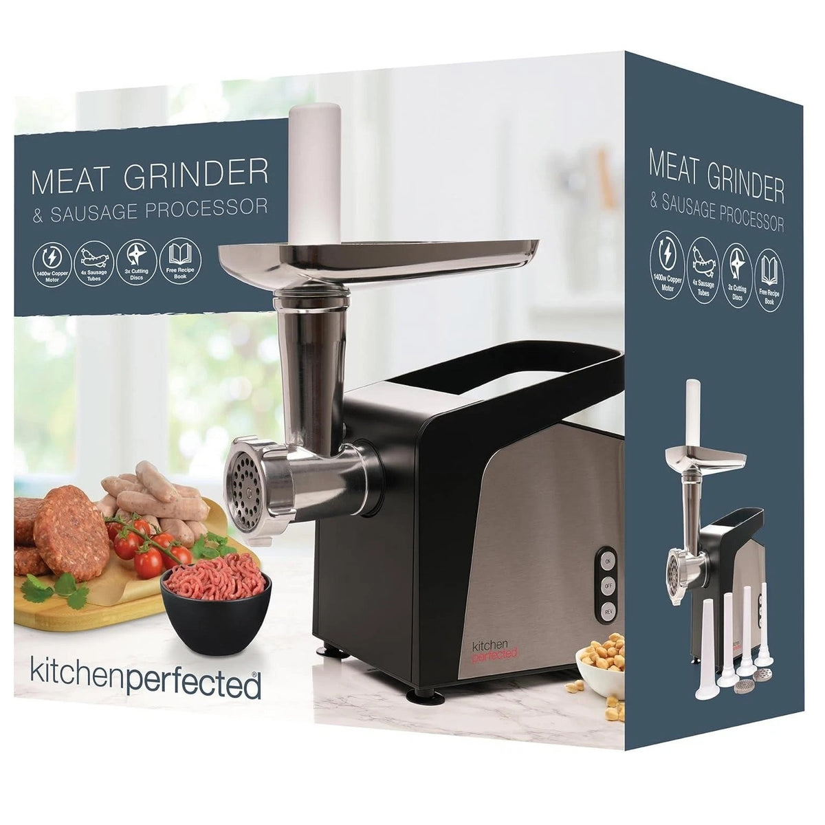 KitchenPerfected Meat Grinder and Sausage Processor Silver and Black E5693 | 1400W Copper Motor | 4x Sausage Tubes | 3x Cutting Discs