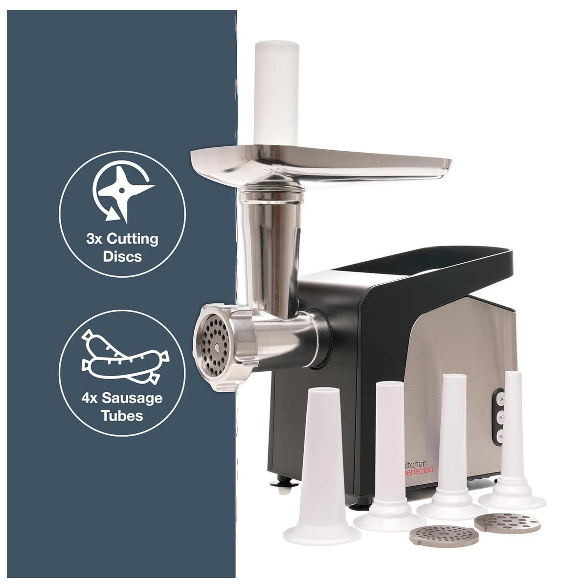 KitchenPerfected Meat Grinder and Sausage Processor Silver and Black E5693 | 1400W Copper Motor | 4x Sausage Tubes | 3x Cutting Discs