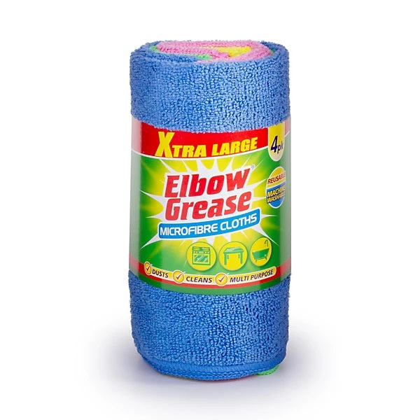 151 Elbow Grease Microfibre Cloths Assorted Colours Extra Large Pack of 4 EG317 | Reusable and Machine Washable | Multi-Purpose Cleaning Cloths | Super Absorbent Duster | Surface Cleaner | For Kitchen-Bathroom and Home | Clean Stubborn-Ingrained Stains
