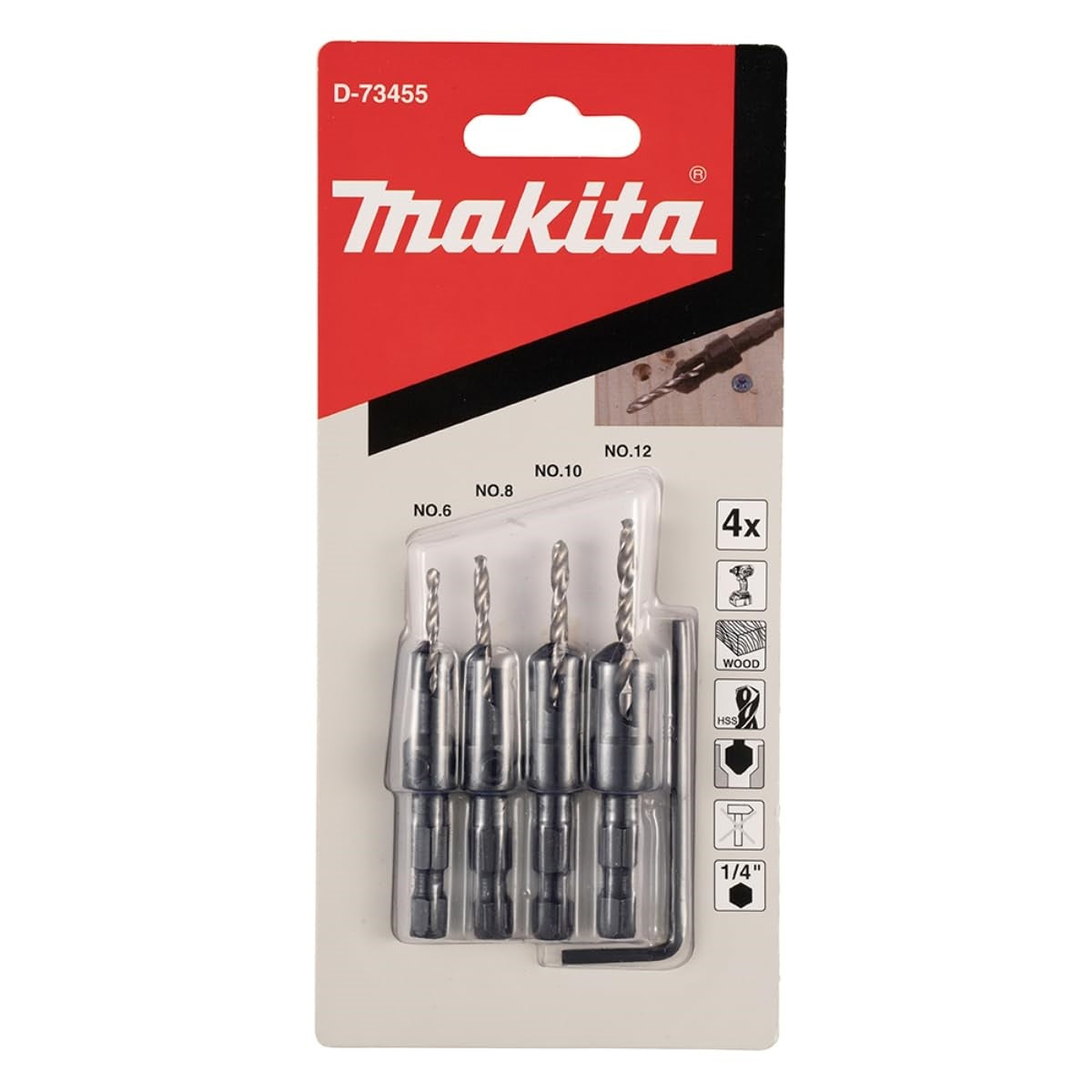 Makita Countersink with Drill Bit Black and Silver 4-Piece D-73455