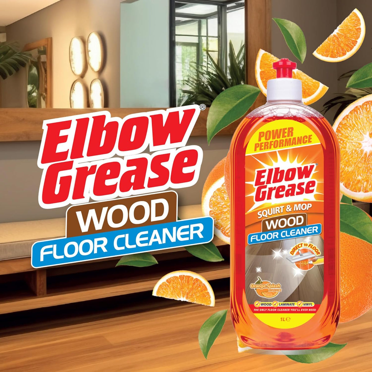 151 Elbow Grease Orange Splash Squirt and Mop Wood Floor Cleaner Orange 1Ltr EG281 | Power Performance | Direct To Floor Cleaning Solution | Suitable for Wood-Laminate and Vinyl | Multi-Surface Cleaner | Wood Surface Cleaner