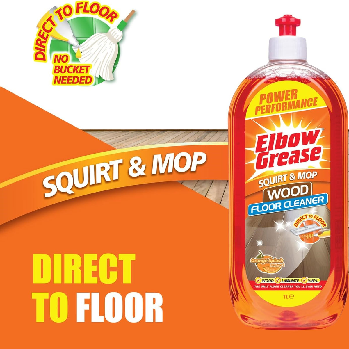 151 Elbow Grease Orange Splash Squirt and Mop Wood Floor Cleaner Orange 1Ltr EG281 | Power Performance | Direct To Floor Cleaning Solution | Suitable for Wood-Laminate and Vinyl | Multi-Surface Cleaner | Wood Surface Cleaner