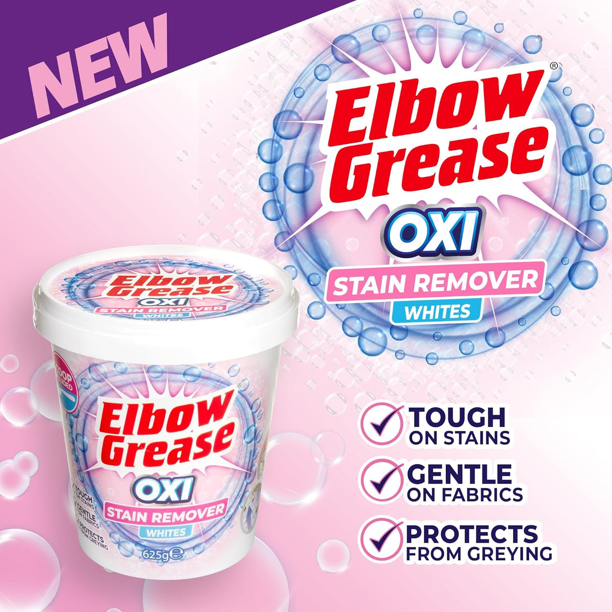 151 Elbow Grease Oxi Stain Remover White 625g EG287 | Laundry Stain Remover Powder | For Whites | Tough on Stains | Gentle on Fabrics | Protects from Greying | Scoop Included | Oxy Laundry Booster for Whites | Whitening Booster | Fabric Brightener