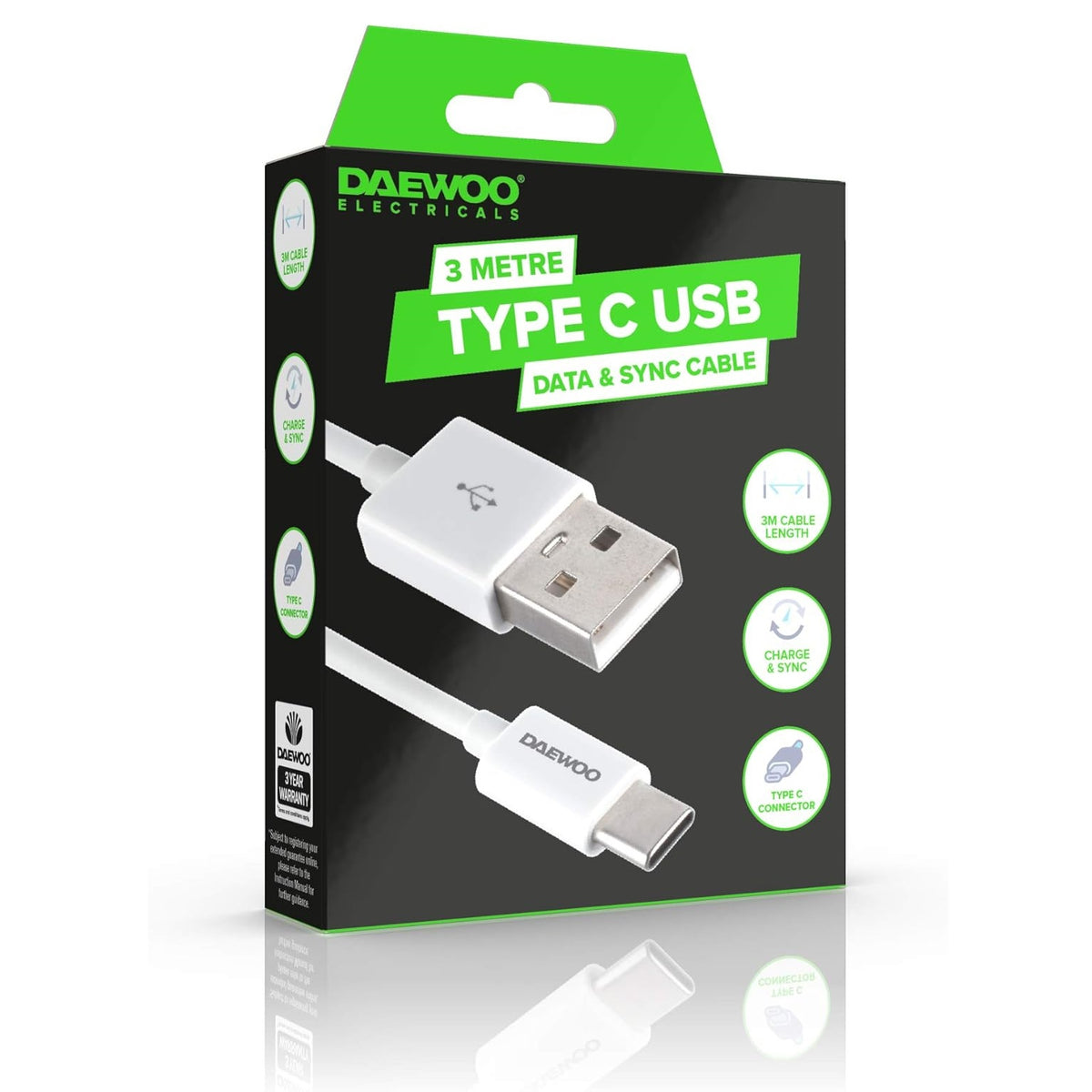 Daewoo USB Type-C Data and Sync Cable White 3Mtr ELA1349 | Charge and Sync Lead | Type C Connector | Power - 5V | Rated 2.1A | Compatible with Type-C Devices | Connect to Phone-Tablet or Any USB Gadget | Data Sync Cable | USB A to USB C